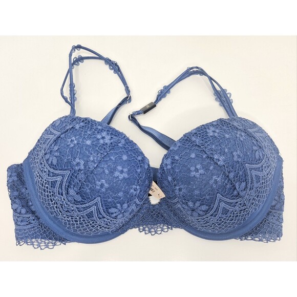 Victoria’s Secret Bombshell Plunge Underwire Push Up Blue Lace Bra 34D - Picture 1 of 9